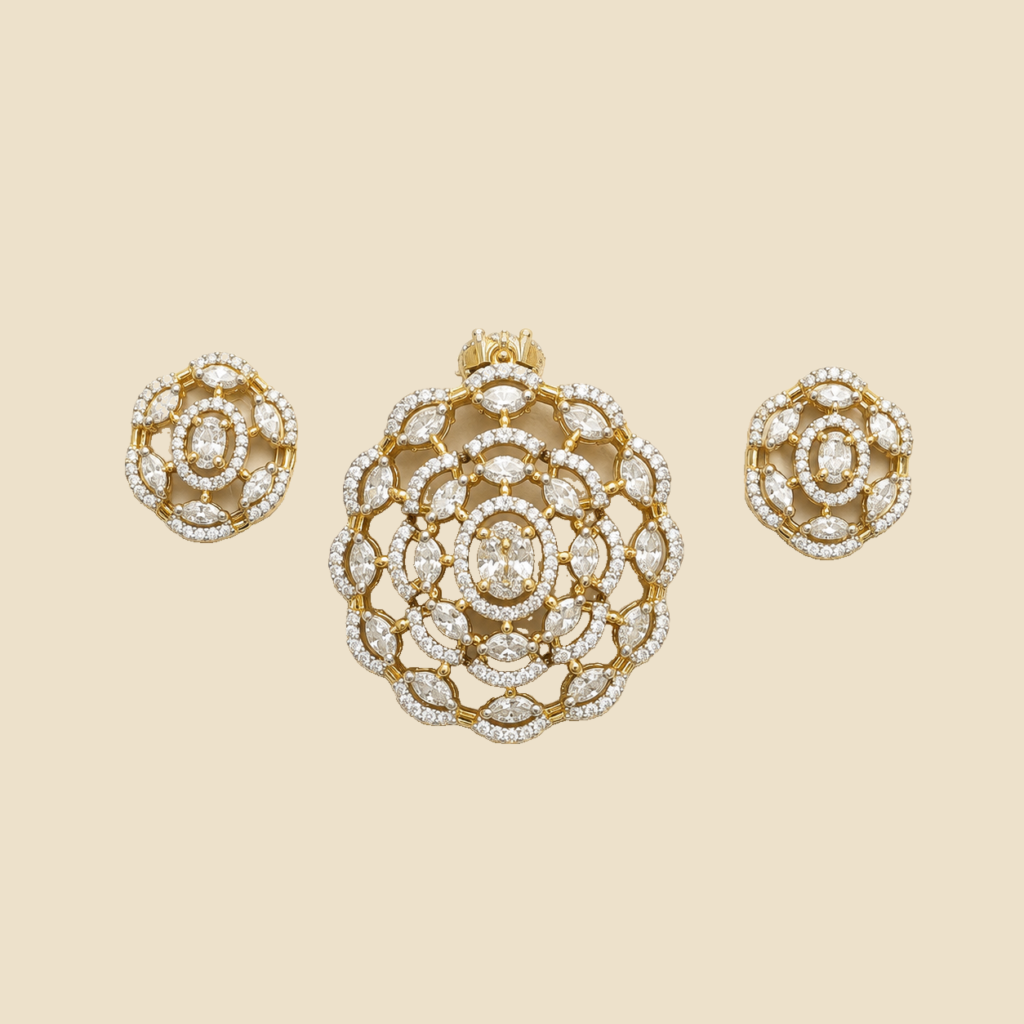 Gold-Tone Floral Crystal Pendant and Stud Set