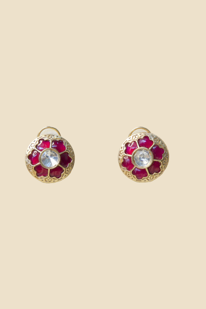 Elegant Gold-Toned Floral Stud Earrings with Pink Stones