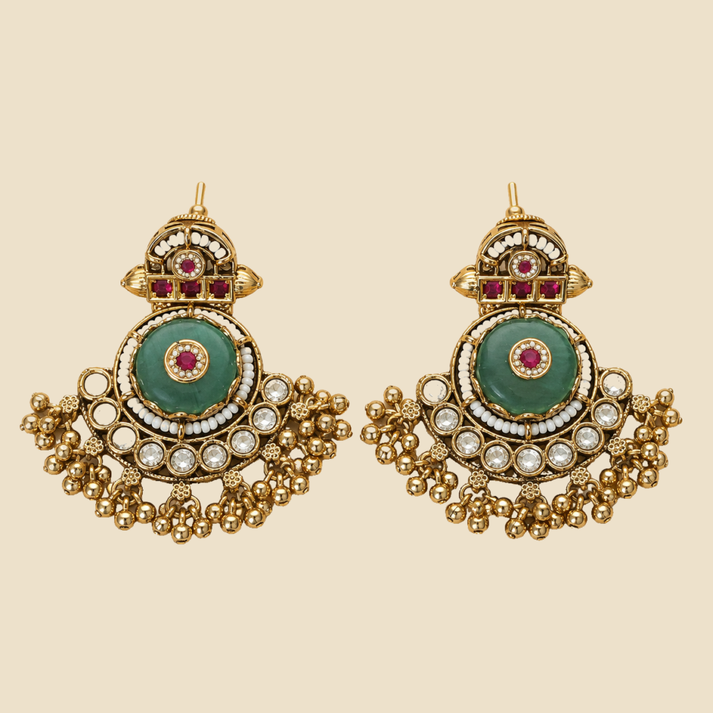 Antique Gold Green Ruby Beaded Chandbali Earrings