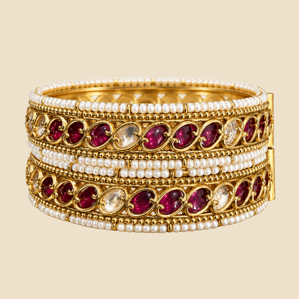 Gold-Plated Kundan Bangles with Pearl Detailing (Set of 2)