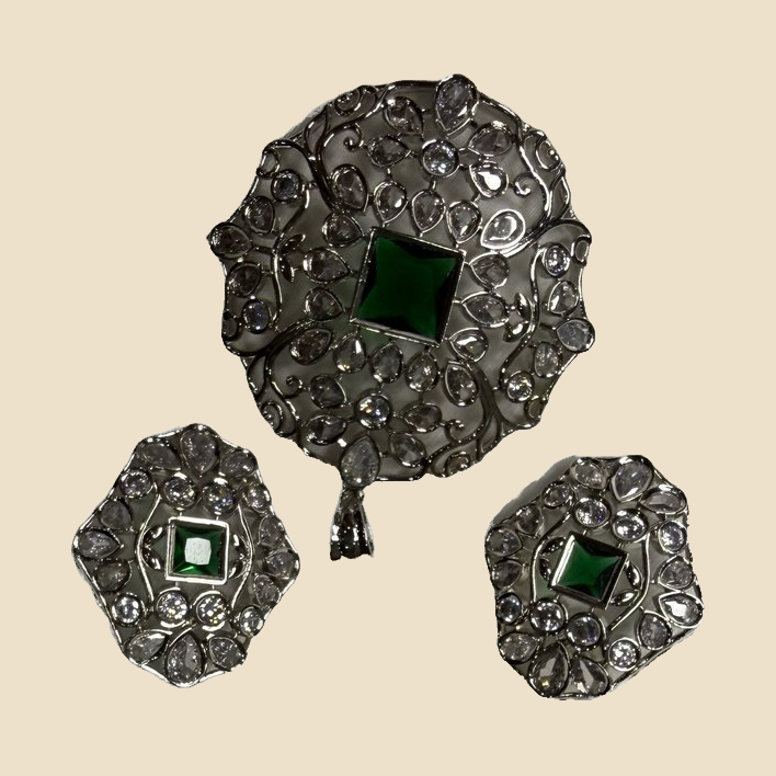 Vintage Green Stone and Marcasite Jewelry Set - Brooch and Earrings