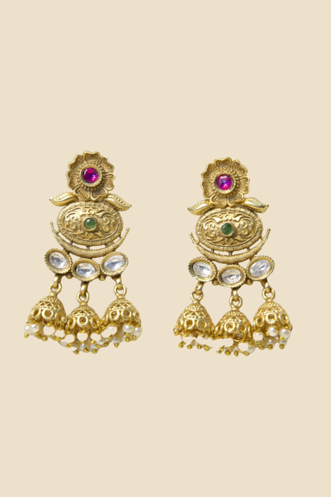 Traditional Gold-Plated Jhumka Earrings with Colorful Gemstones and Pearl Accents