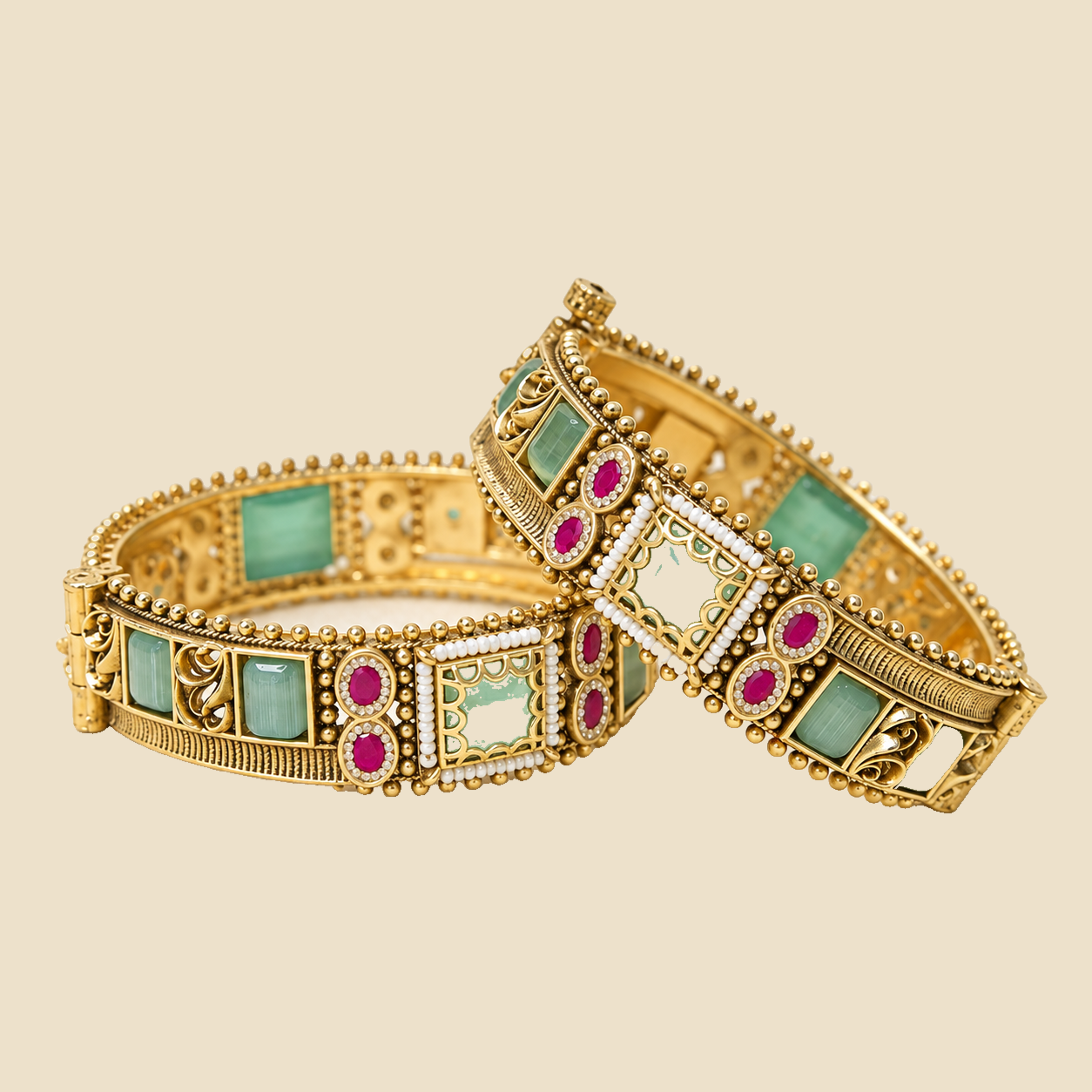 Traditional Kundan Bangles with Green and Pink Stones - Set of 2 - Image 3