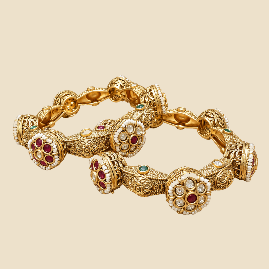 Antique Gold Bangles with Ruby and Turquoise Stones