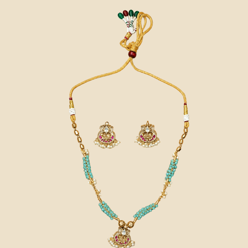 Turquoise Bead Temple Pendant Necklace and Earring Set