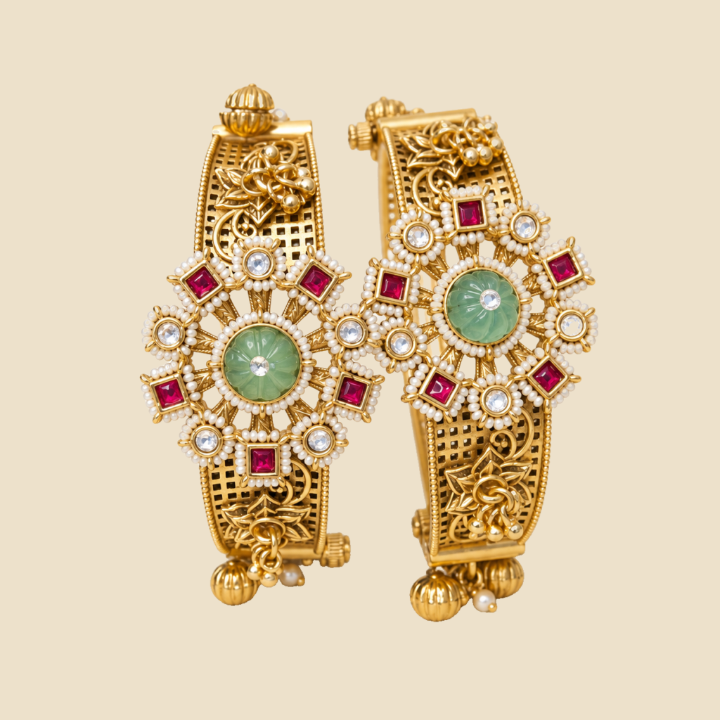 Traditional Gold-Plated Kada Bangles with Green Stone and Ruby Accents