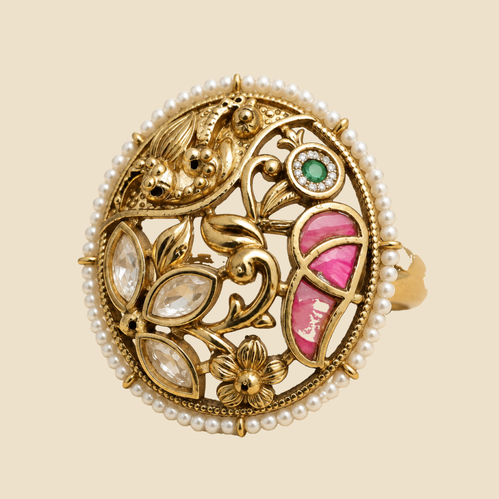 Antique Gold Pink Green Peacock Pearl Statement Ring