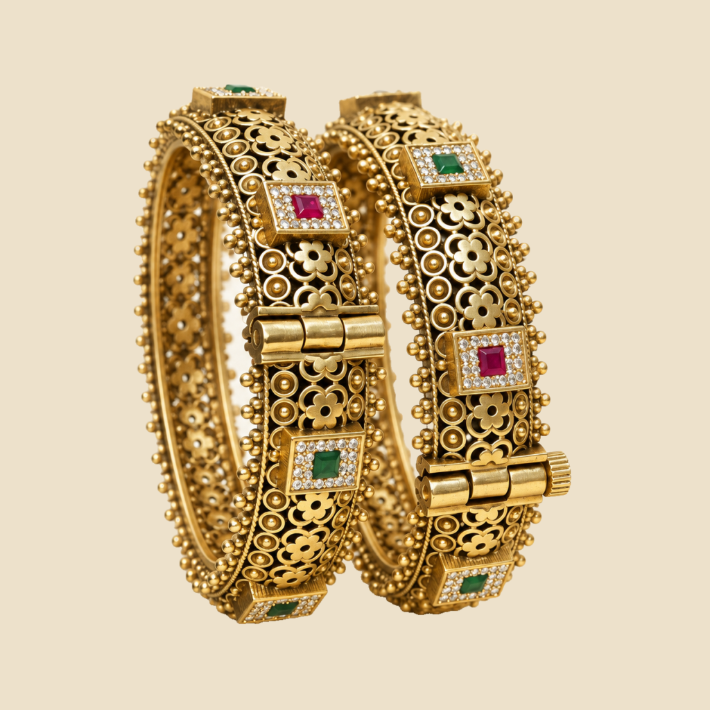 Traditional Gold-Plated Kada Bangles with Gemstone Accents (Set of 2)