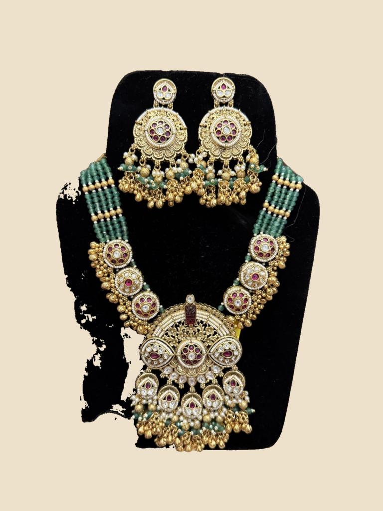 Traditional Gold-Toned Kundan Necklace Set with Green Beads and Matching Earrings