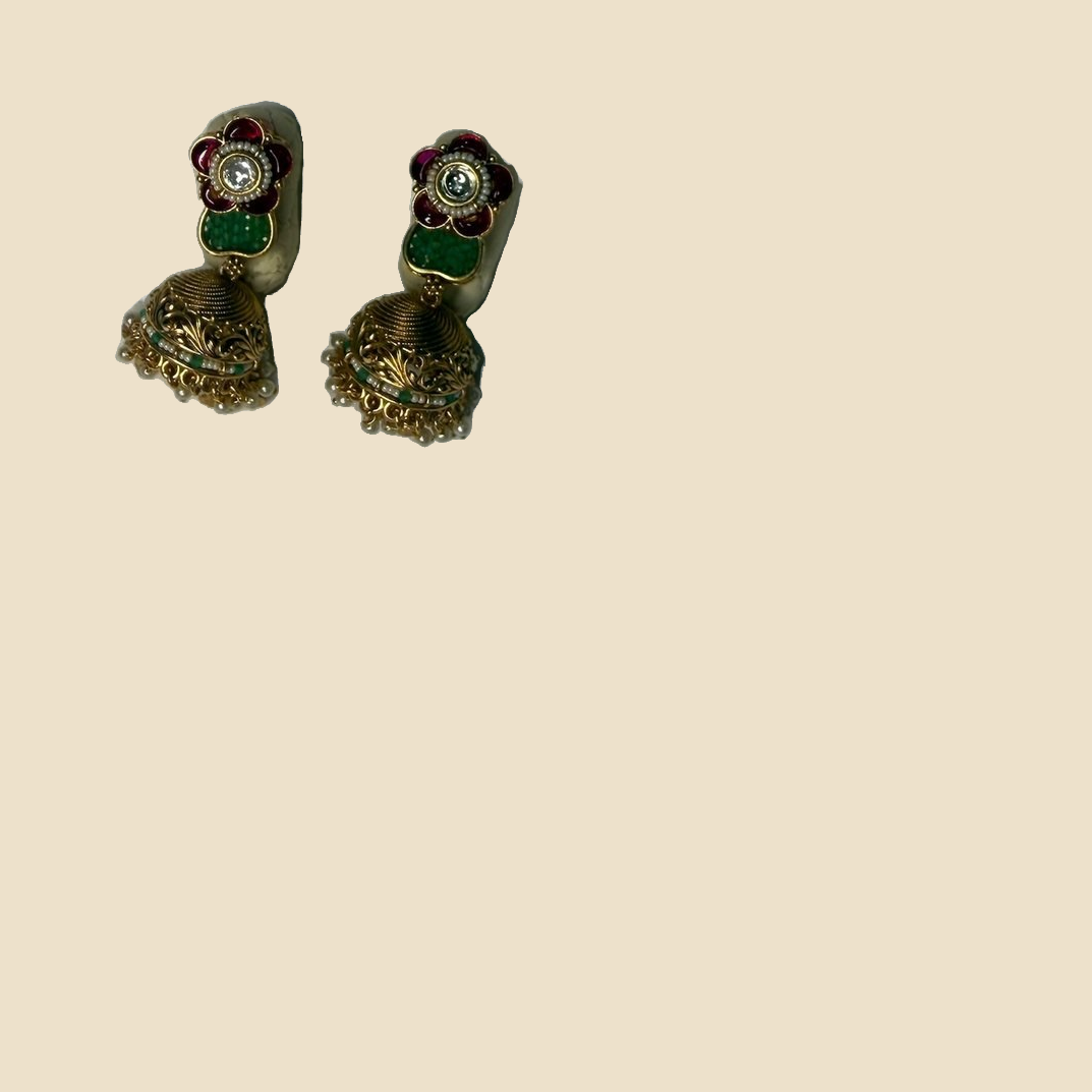 Traditional Green Kundan Necklace Set with Gold Beaded Tassels and Matching Jhumka Earrings - Image 2