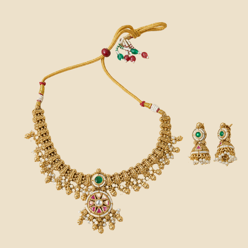 Antique Gold Ruby Green Chakra Necklace Set