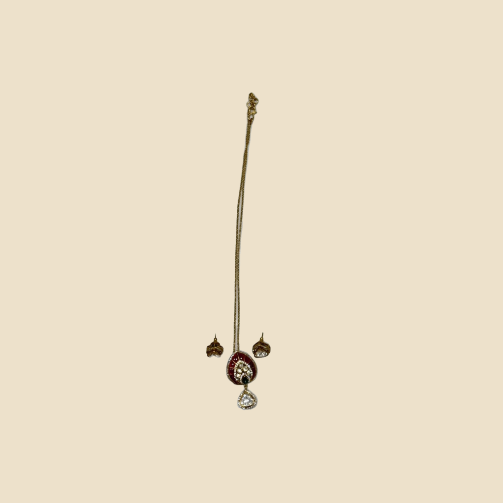 Elegant Red & Gold Crystal Pendant Necklace with Matching Earrings Set