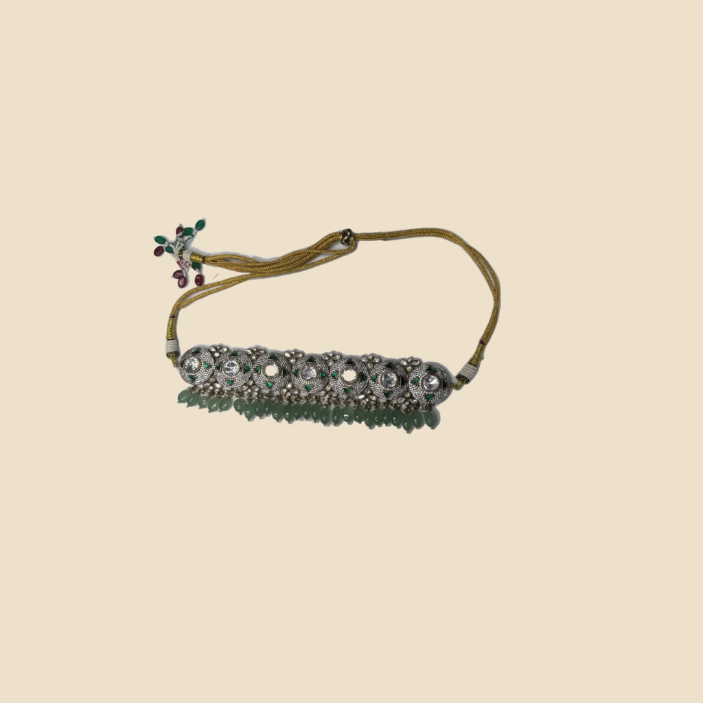 Oxidized Silver-Tone Kundan Necklace Set with Green Bead Drops