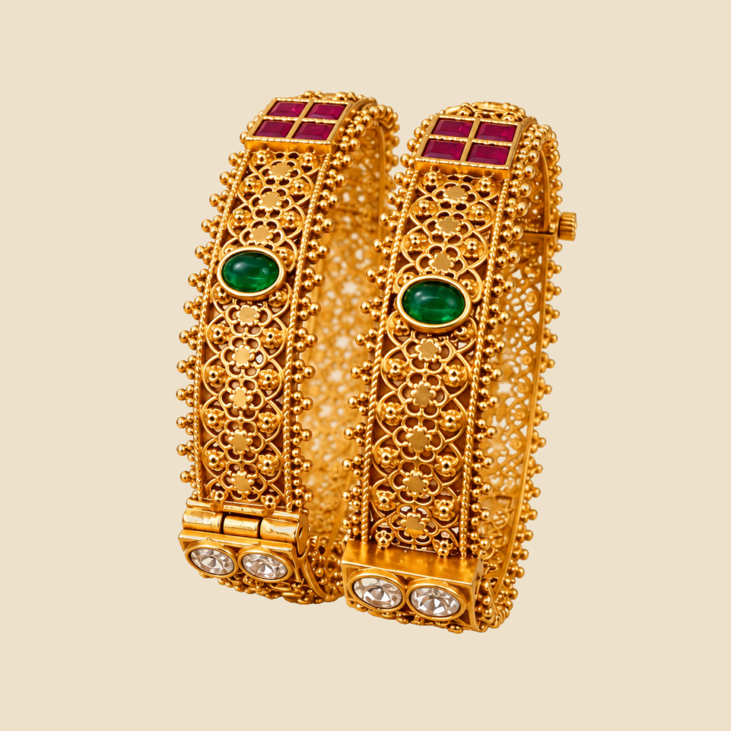 Traditional Gold-Plated Bangles with Green and Pink Stones