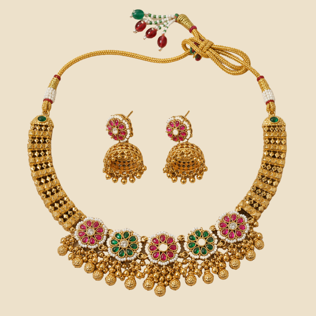 Antique Gold Ruby Green Floral Collar Necklace Set