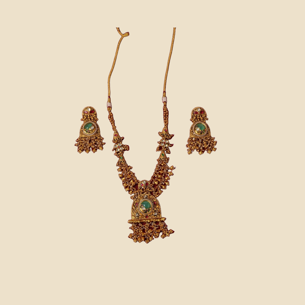Traditional Gold-Toned Kundan Necklace Set with Green Stone Embellishments