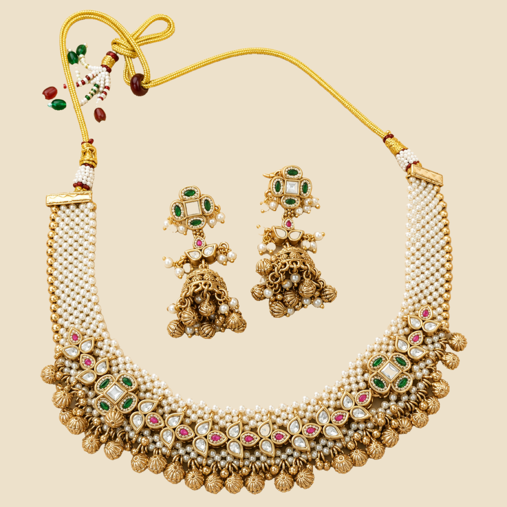 Antique Gold Kundan Pearl Bridal Choker Set