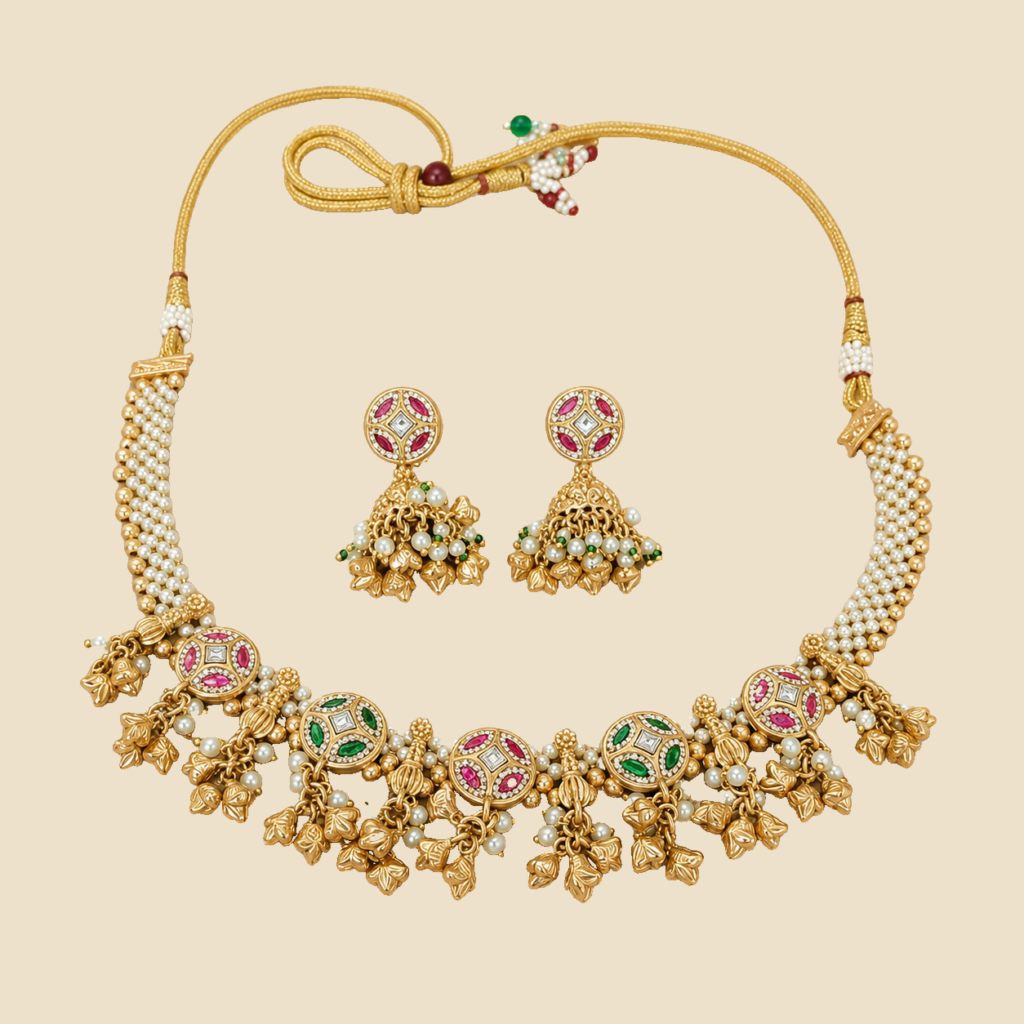 Antique Gold Ruby Green Leaf Choker Set