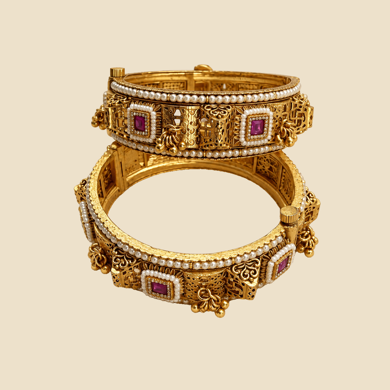 Traditional Gold-Plated Bangles with Purple Stone Detailing