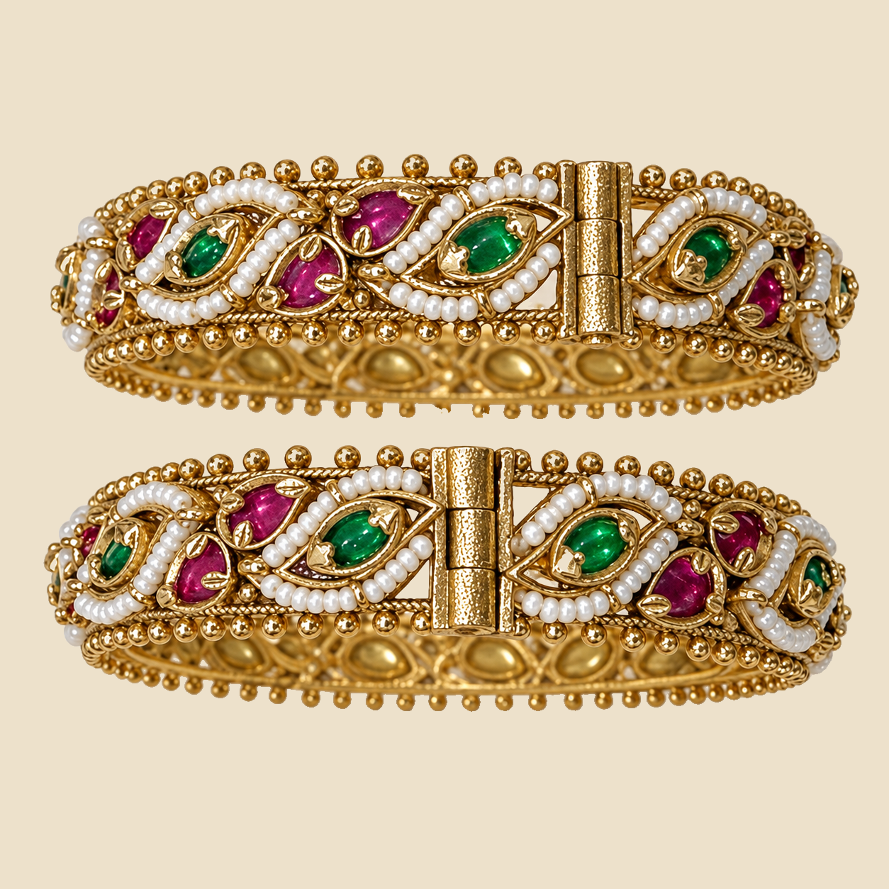 Traditional Gold-Plated Kundan Bangles with Multicolor Gemstones - Set of 2 - Image 2