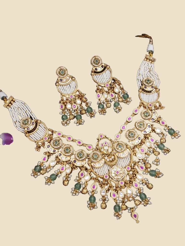 Traditional Kundan Statement Necklace Set with Bead Drops