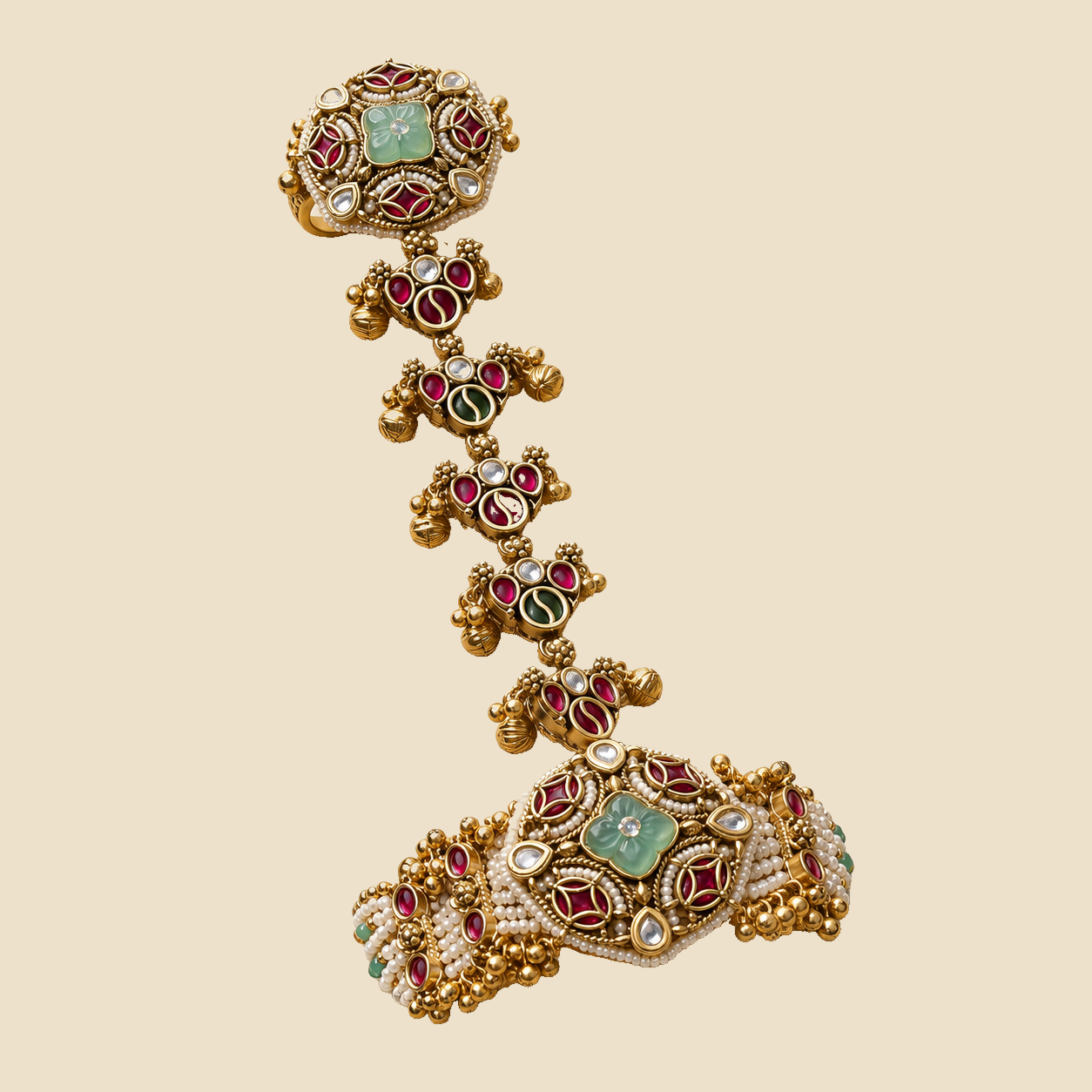 Antique Gold Plated Hand Harness with Green Stone - Traditional Bridal Hathphool Jewelry - Image 3