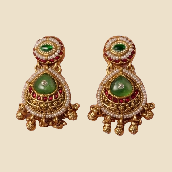 Traditional Gold-Plated Kundan Necklace and Earring Set with Green and Red Stones