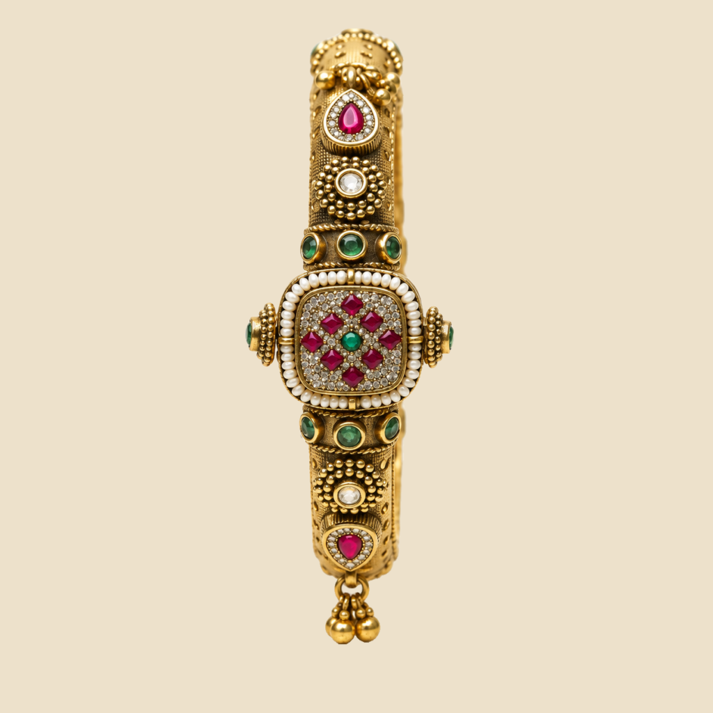 Traditional Gold-Toned Kundan Bangle with Pink & Green Stones