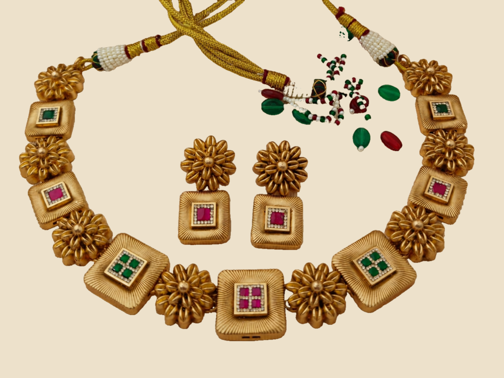 Traditional Gold-Toned Necklace and Earrings Set with Multicolor Stones