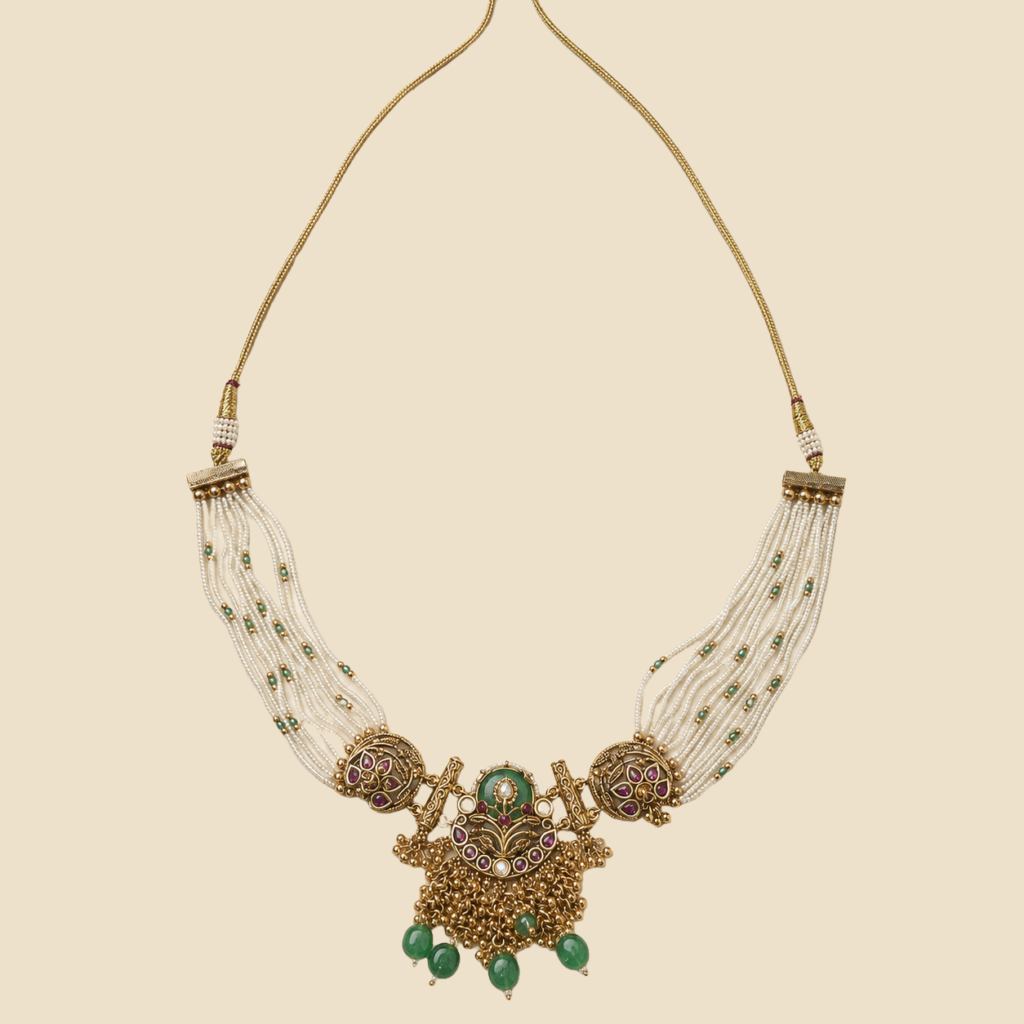 Traditional Gold-Toned Peacock Necklace Set with Green Beads and Matching Earrings
