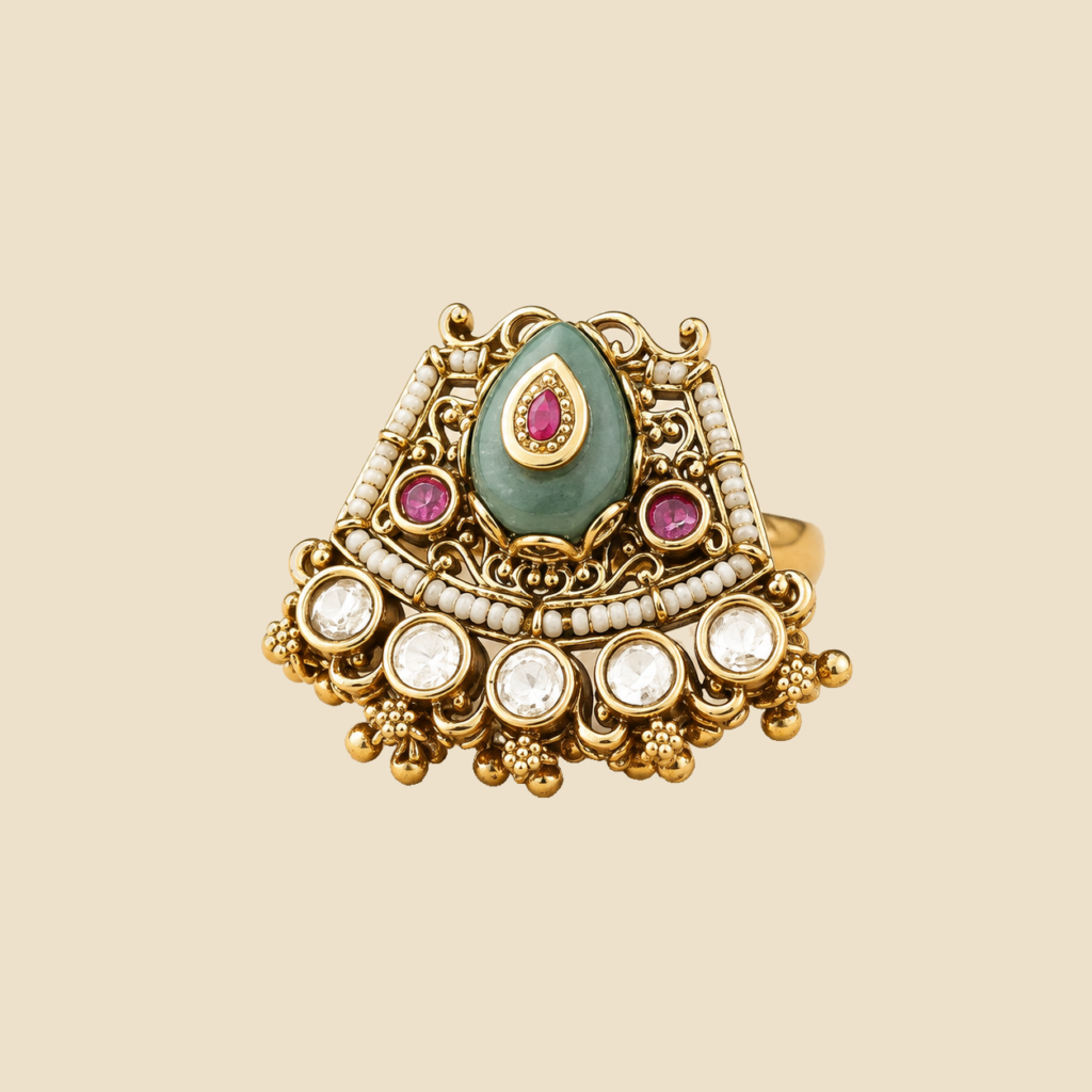 Antique Gold Mint Green Ruby Fan Statement Ring