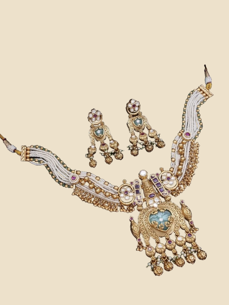 Pearl-Strand Temple Necklace Set with Jhumka Drops
