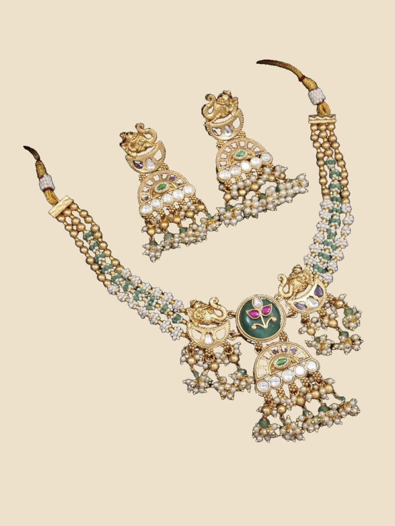 Antique Gold Jhumka Necklace Set with Green Stone