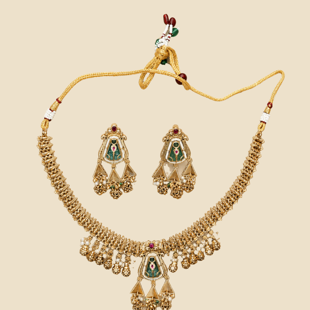 Antique Gold Temple Collar Necklace and Earring Set