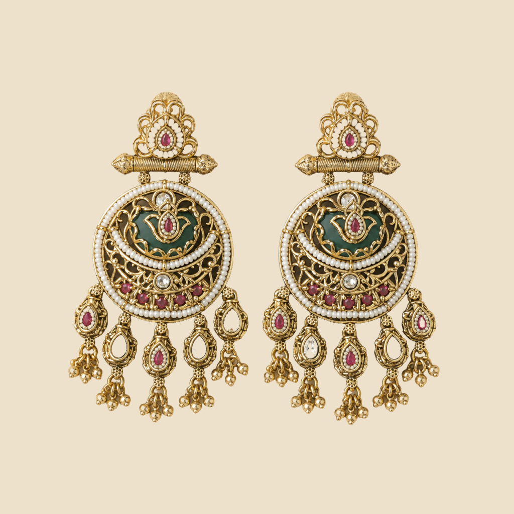 Antique Gold Ruby Green Pearl Filigree Earrings