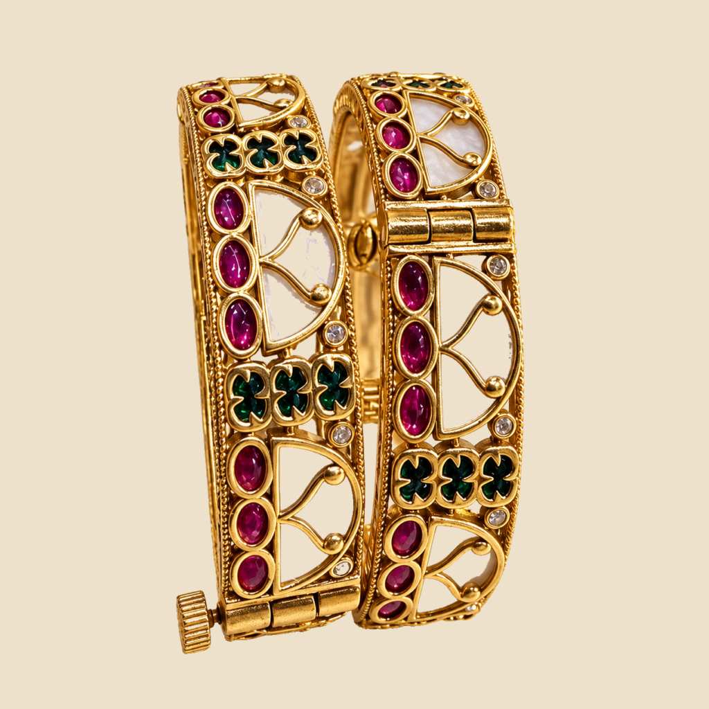 Traditional Gold-Plated Kundan and Meenakari Bangle Set