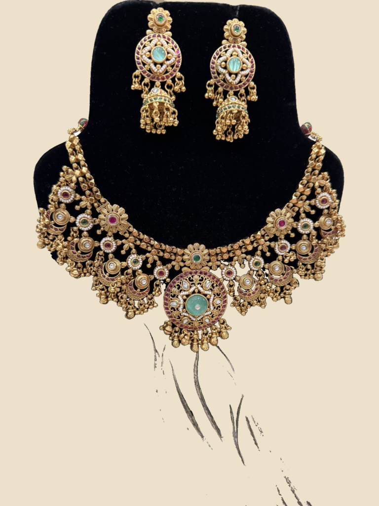 Traditional Antique Gold Plated Kundan Necklace Set with Turquoise Stones