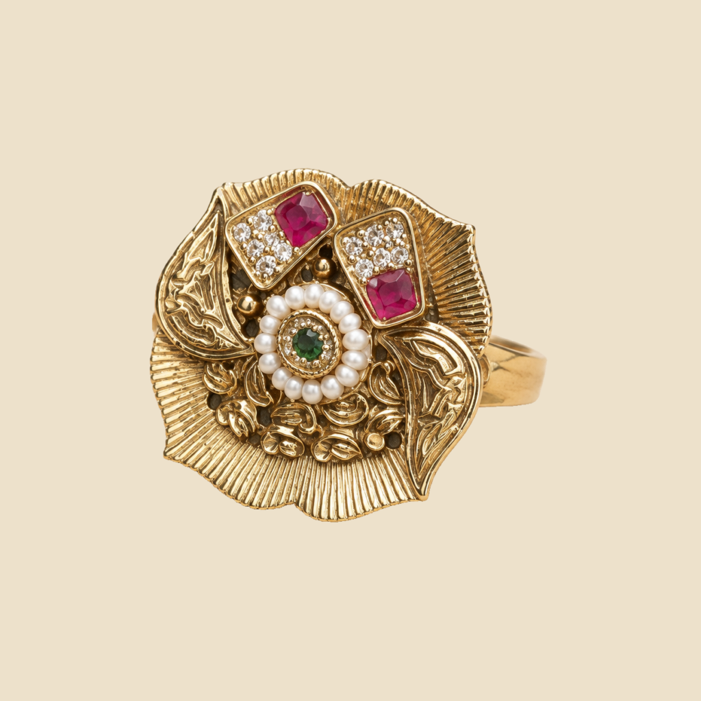 Antique Gold Ruby Green Sculpted Floral Statement Ring