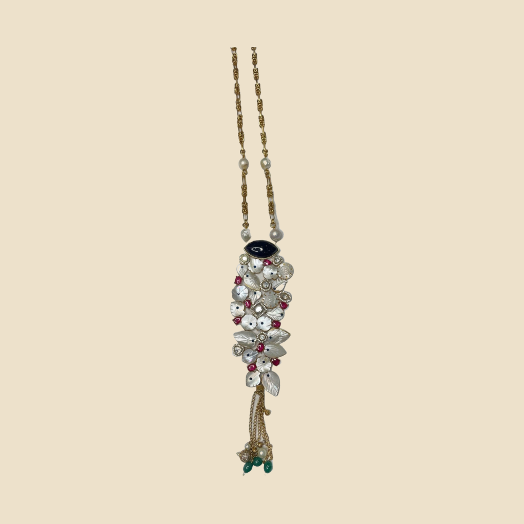 Elegant Mother-of-Pearl Floral Necklace and Earrings Set with Red Crystal Accents