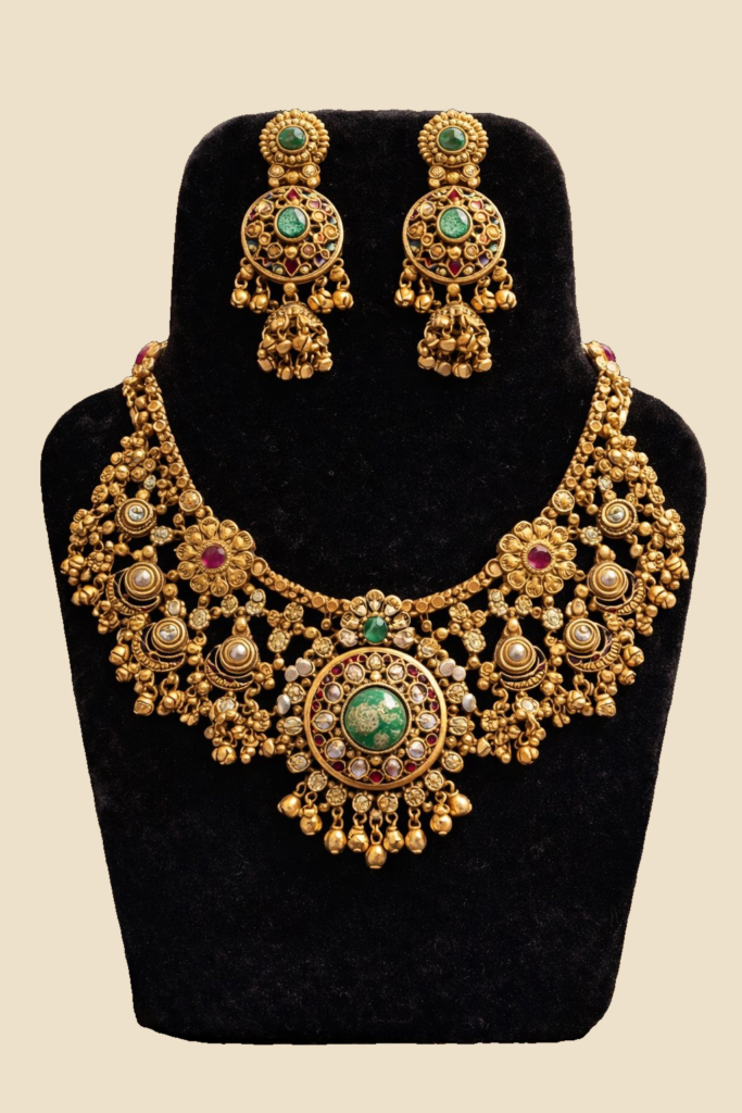 Traditional Gold-Plated Kundan Necklace Set with Emerald and Ruby Accents