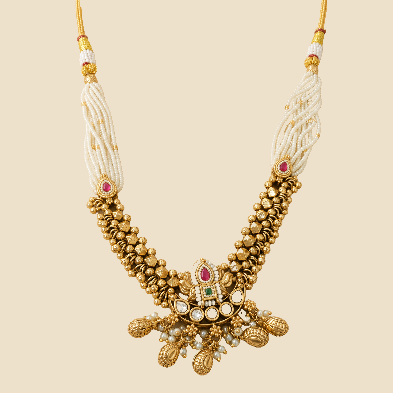 Antique Gold Kundan Ruby Teardrop Necklace Set