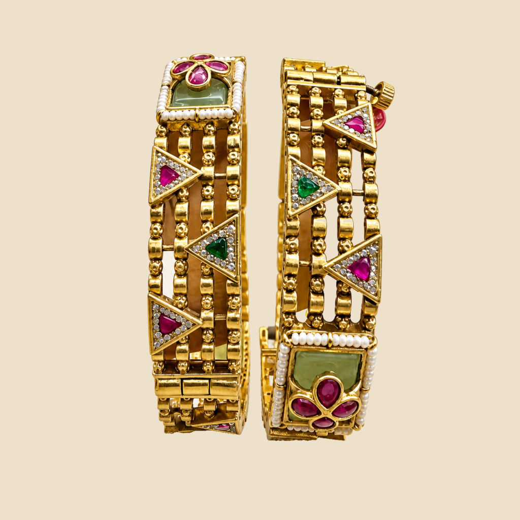 Traditional Gold-Plated Kada Bangle Set with Colorful Stone Work