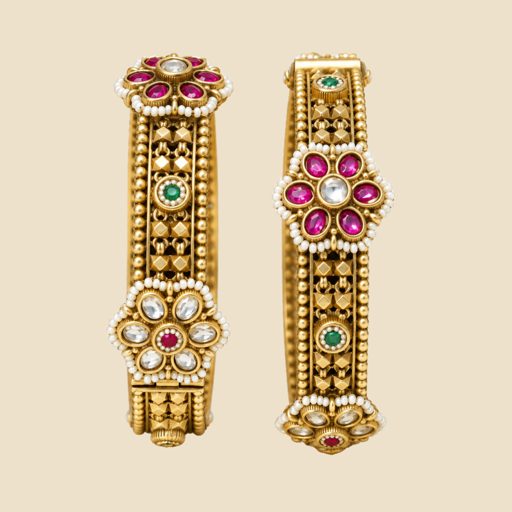 Antique Gold Floral Stone Studded Bangles Set of 2