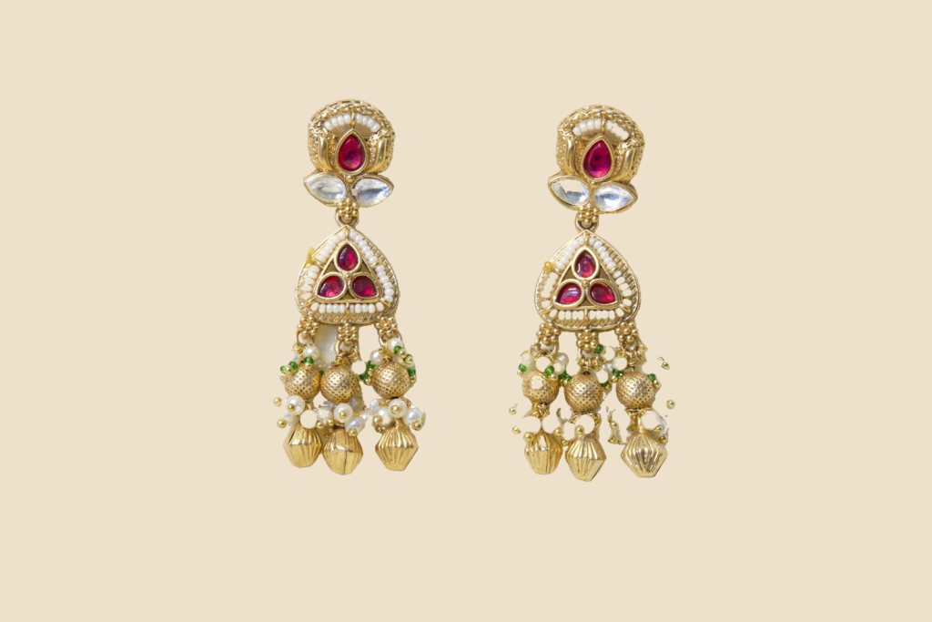 Traditional Gold-Toned Kundan Jhumka Earrings with Ruby & Pearl Drops