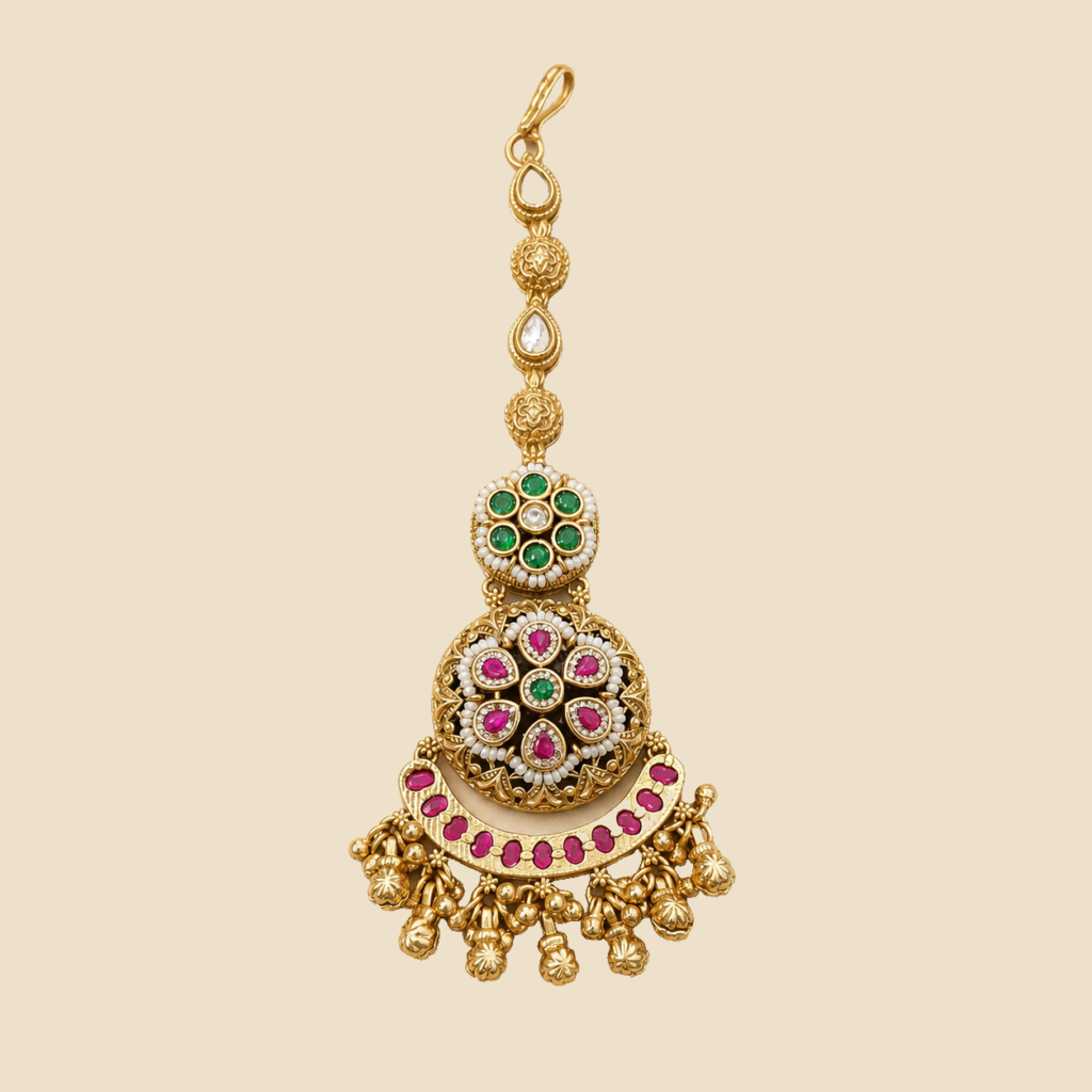 Antique Gold Ruby Green Crescent Maang Tikka