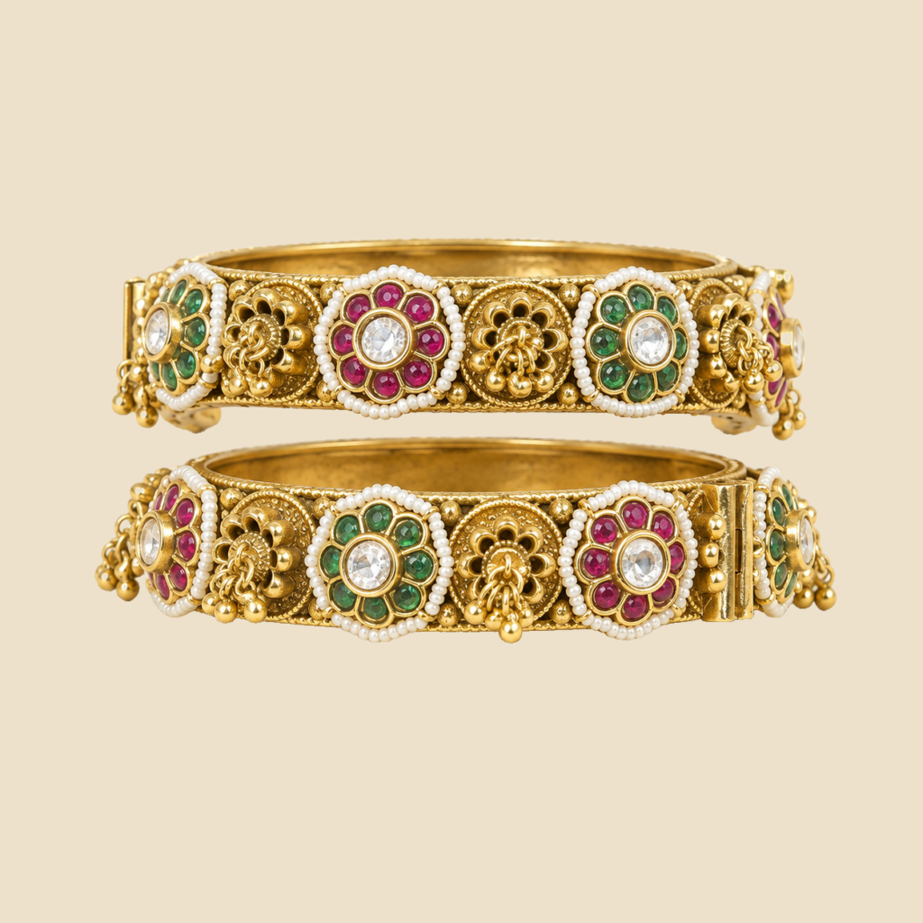 Traditional Gold-Plated Kundan Bangles with Floral Design (Set of 2)