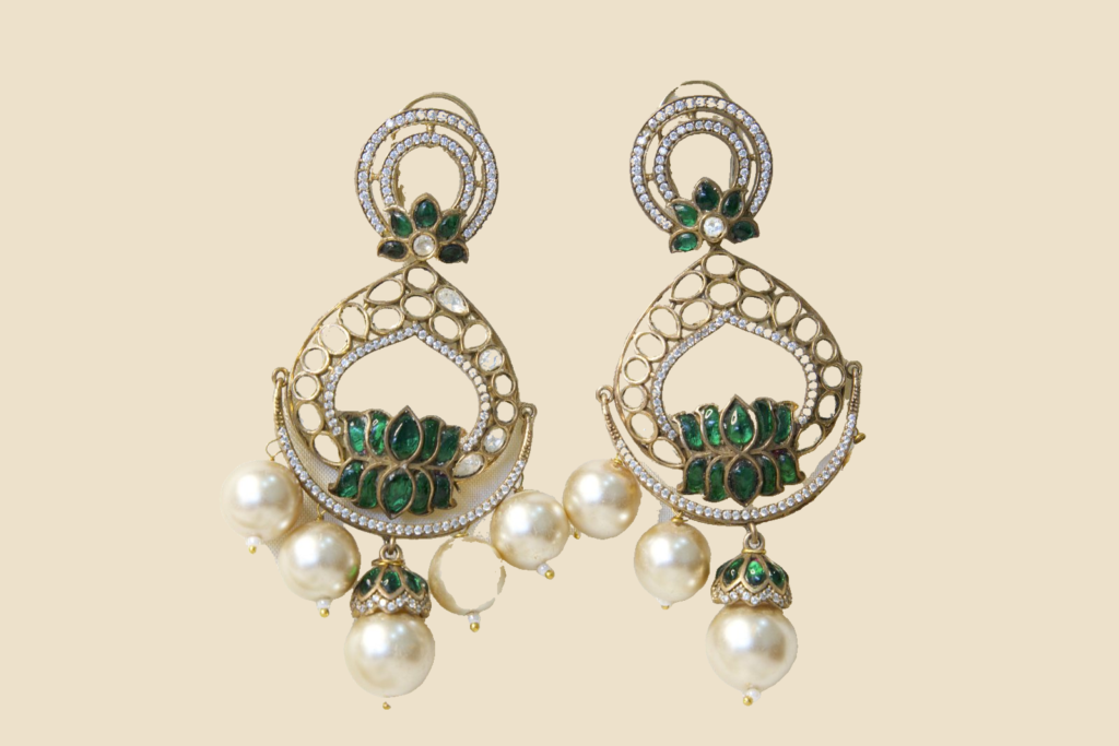 Elegant Pearl Drop Earrings with Green Lotus Design and Kundan Work