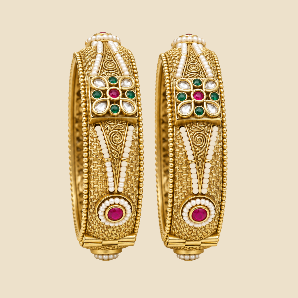 Traditional Gold-Toned Bangles with Multicolor Gemstone Embellishments