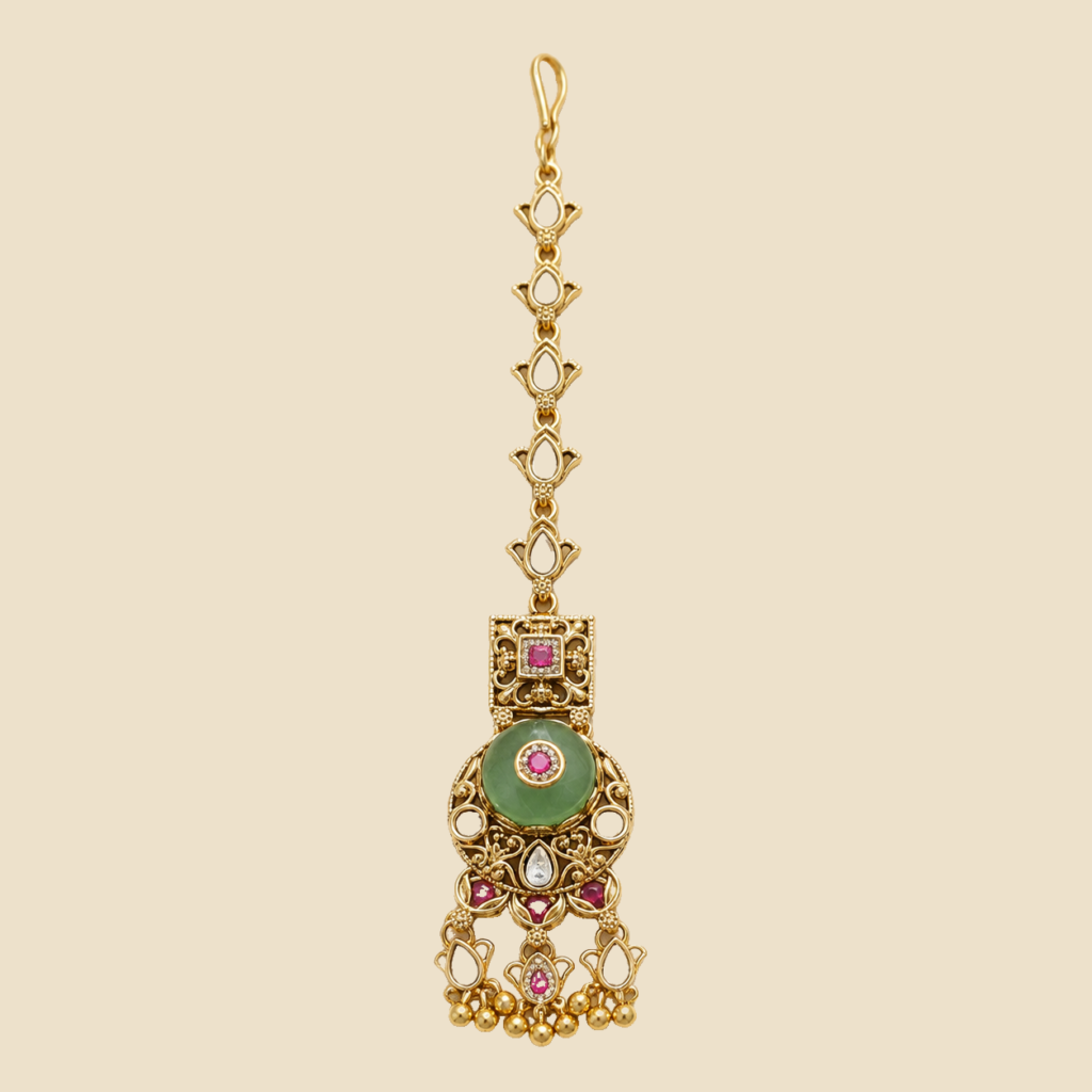 Antique Gold Jade Medallion Maang Tikka