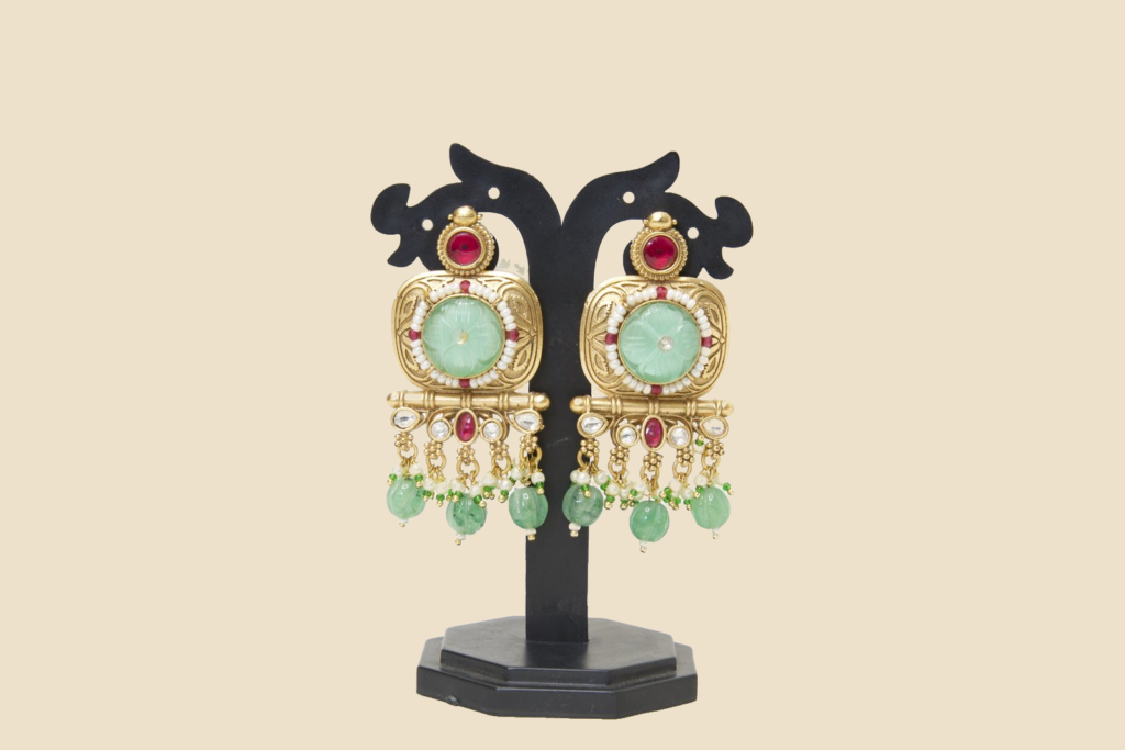 Kundan Mint Green & Ruby Red Chandbali Earrings with Pearl Drops